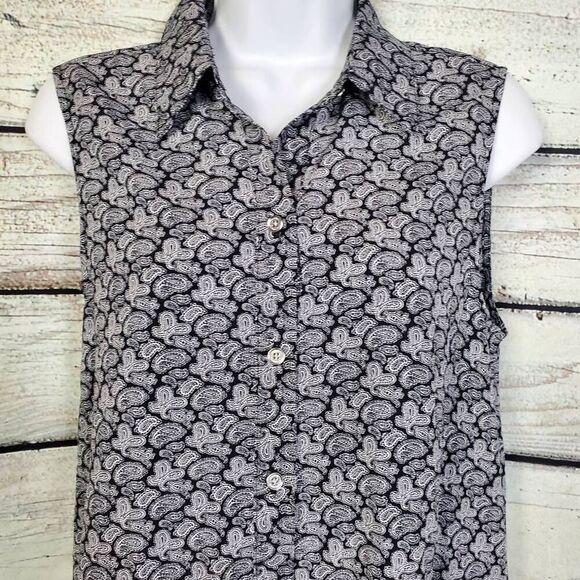 Michael Kors Sleeveless Tunic Top M Black White Paisley Hi-Low Hem Blouse - Picture 2 of 6